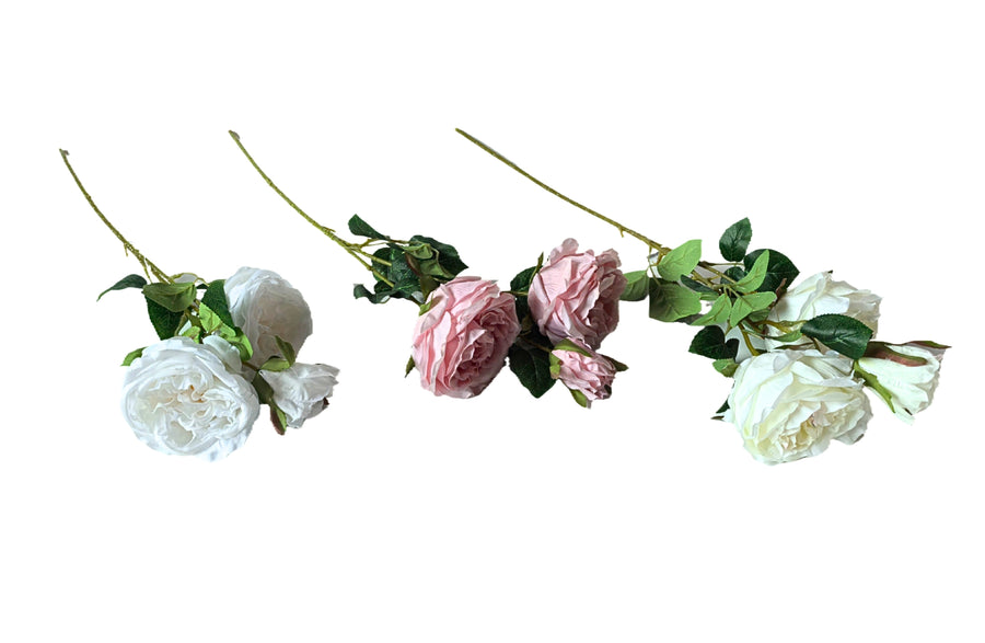 Artificial 3 Stem Roses Set of 2 Bunch 60cm - White