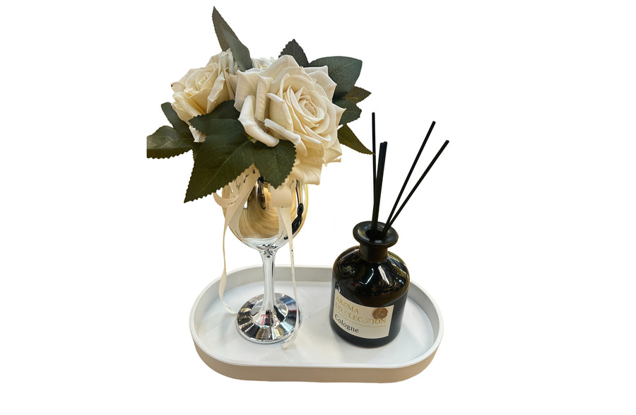 Flower Decor Tray & Fragrance Diffuser Sets -Silver