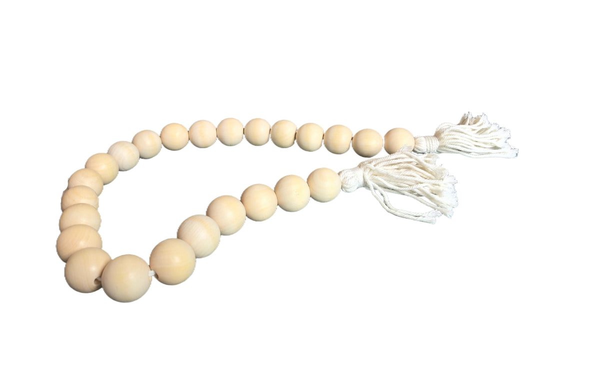 Large Bead Wooden Garland With Tassels - White