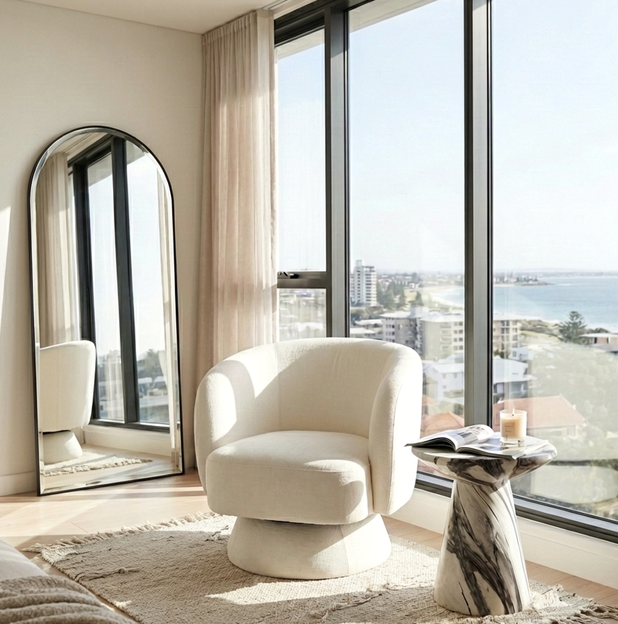 Interior Ave - Celine Swivel Armchair – Chenille Pearl White