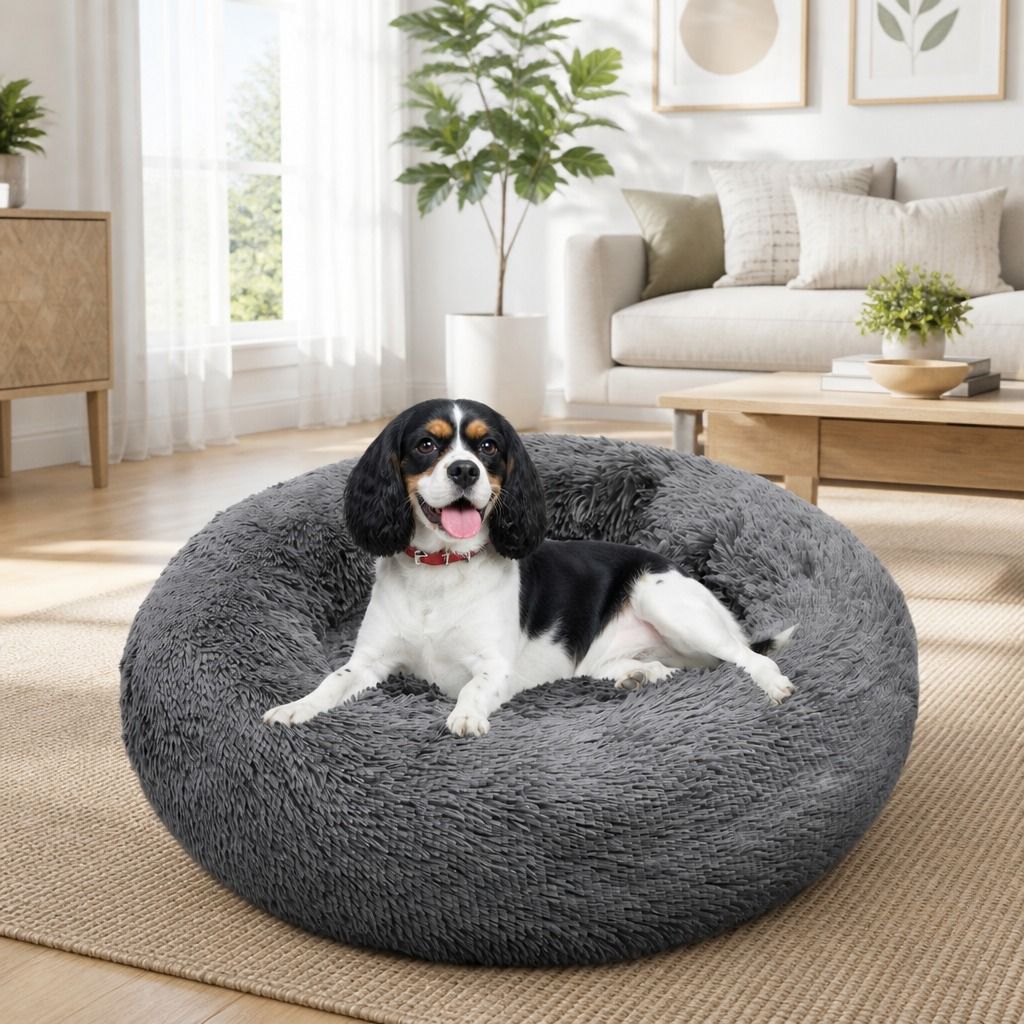 Dog Pet Cat Calming Bed Warm Plush Round Nest Comfy Sleeping Bed Dark Grey 70cm