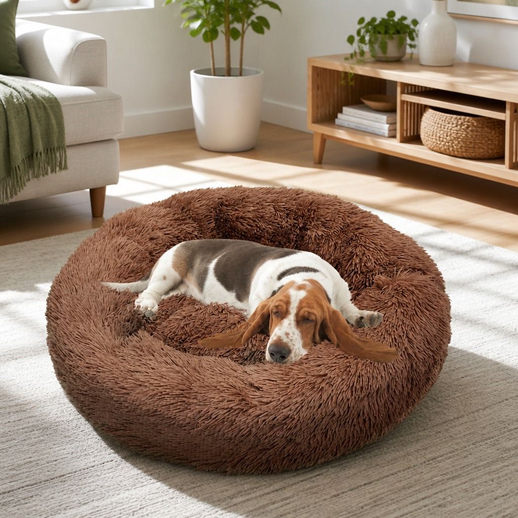 Pet Dog Bedding Warm Plush Round Comfortable Dog Nest Light Coffee Large 90cm