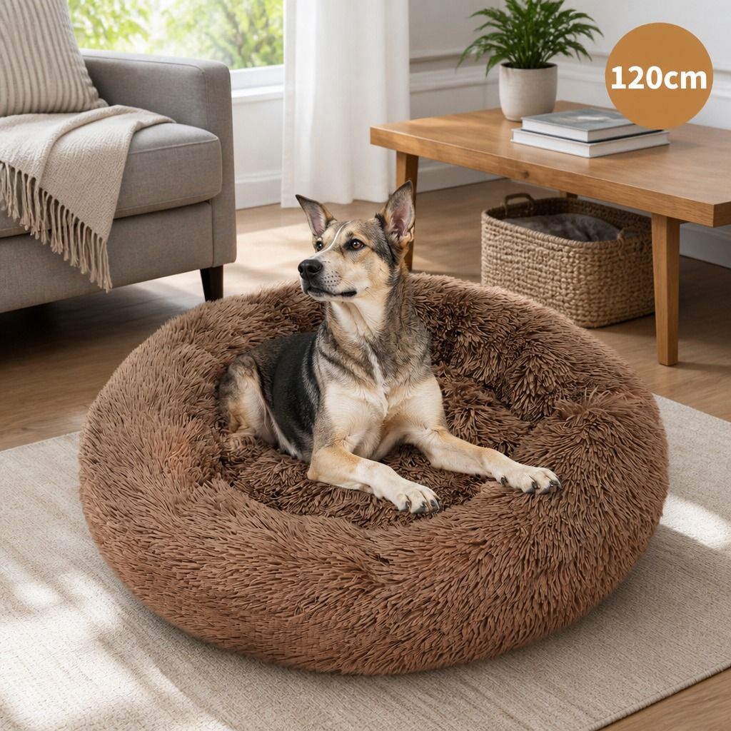Pet Dog Bed Bedding Warm Plush Round Soft Dog Nest Light Coffee XXL 120cm