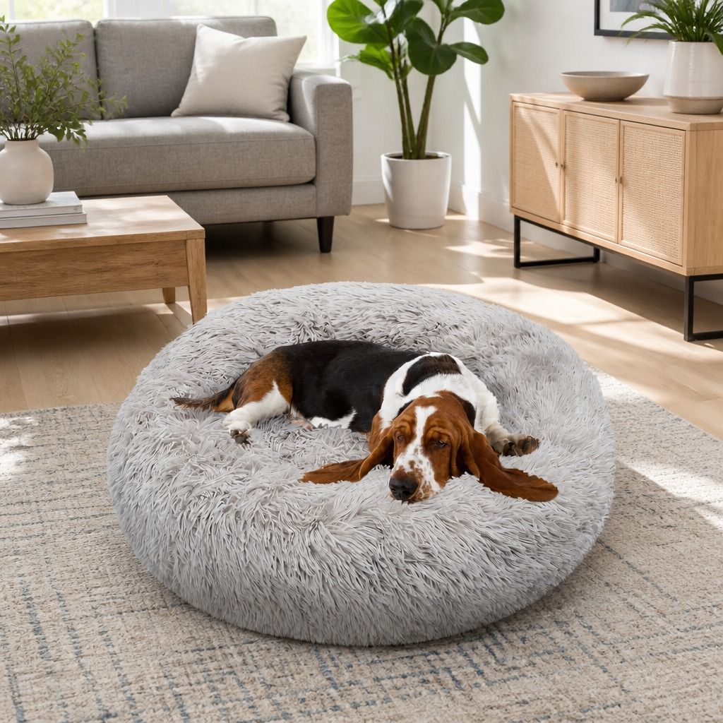Pet Dog Bed Bedding Warm Plush Round Comfortable Dog Nest Light Grey Large 90cm Large