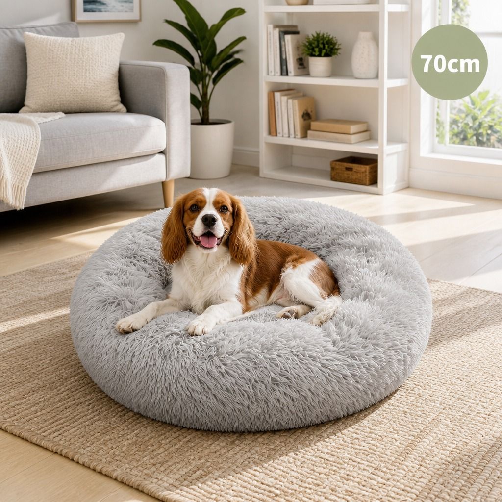 Pet Dog Bed Bedding Warm Plush Round Comfortable Dog Nest Light Grey M 70cm