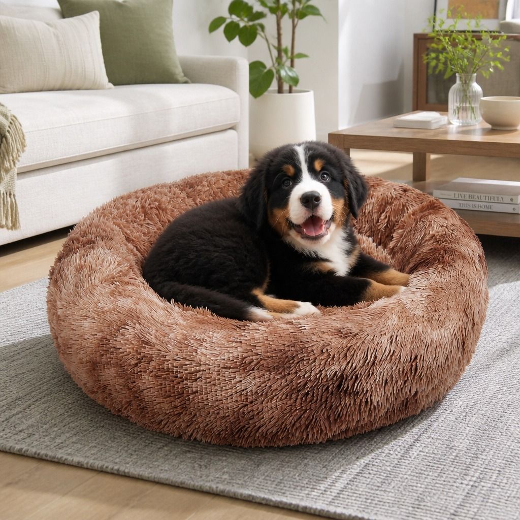 Dog Cat Pet Calming Bed Warm Soft Plush Round Nest Comfy Sleeping Kennel Cave AU