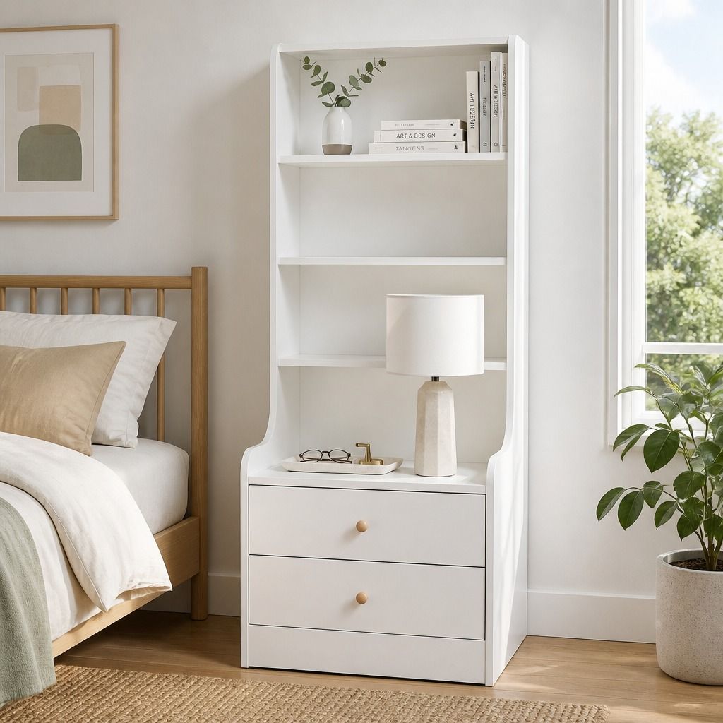 HYGGO White Nightstand Bedside Table with Drawers Minimalist Tall Bookshelf Cabinet
