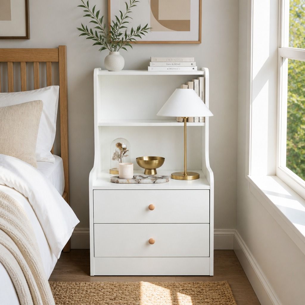 HYGGO Bedside Table Drawer Nightstand Minimalist White Storage Dual Shelves Cabinet