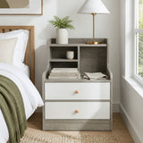 HYGGO Bedside Table Drawer Nightstand Light Gray Wood Grain White Fronts Curved Design