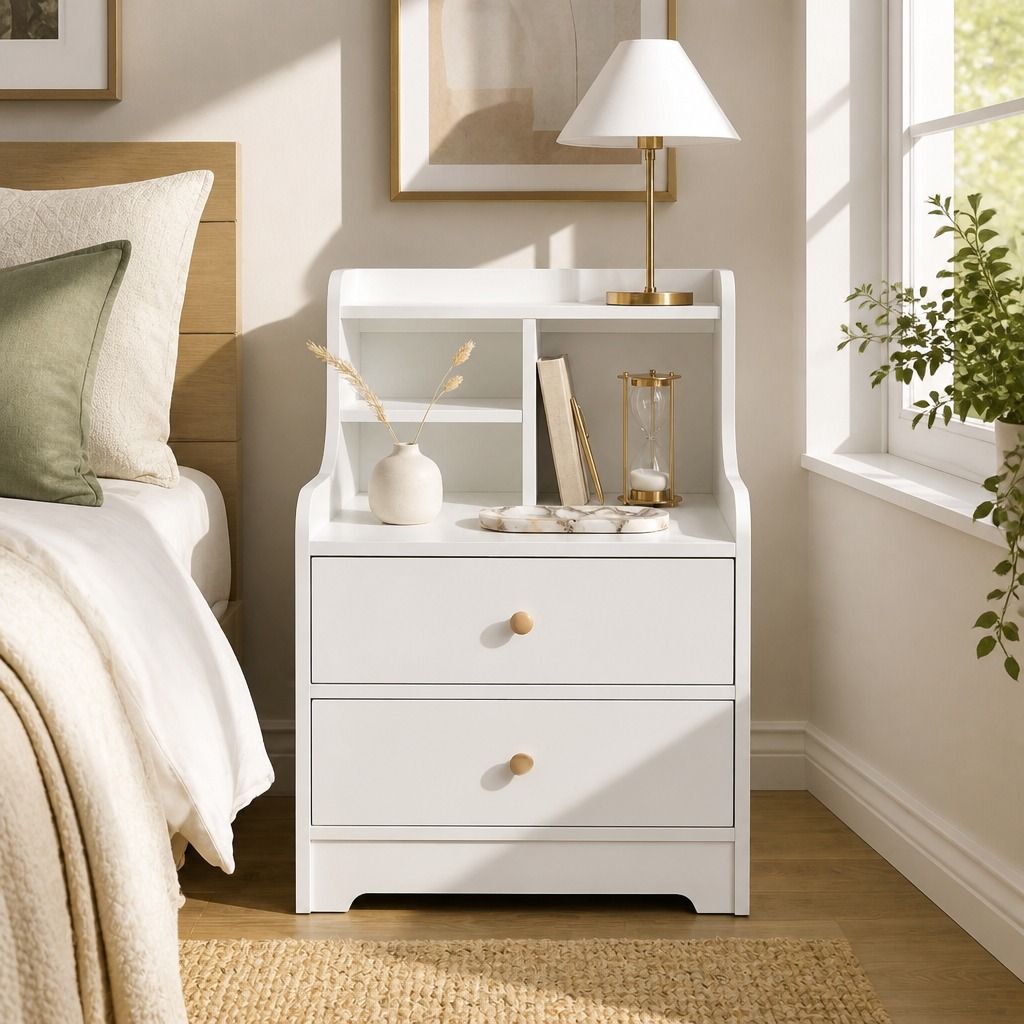 HYGGO White Nightstand Bedside Table Wooden Drawers Storage Sections Curved Sides