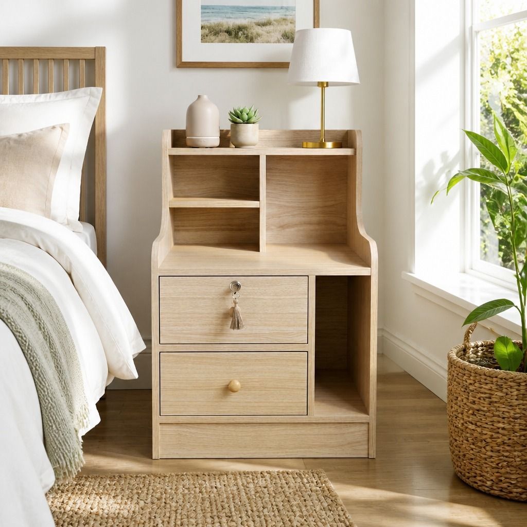 HYGGO Light Wood Bedside Table Drawer Nightstand Open Shelf Storage Tray Nordic 70cm