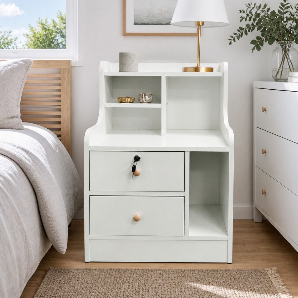HYGGO White Nightstand Drawer Shelf Storage Tray Wooden Knob Bedside Table Minimalist