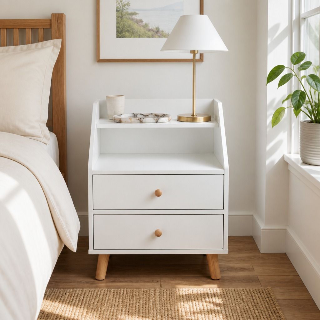 Warm White Bedside Table Nightstand Wooden Legs Two Drawers Open Storage