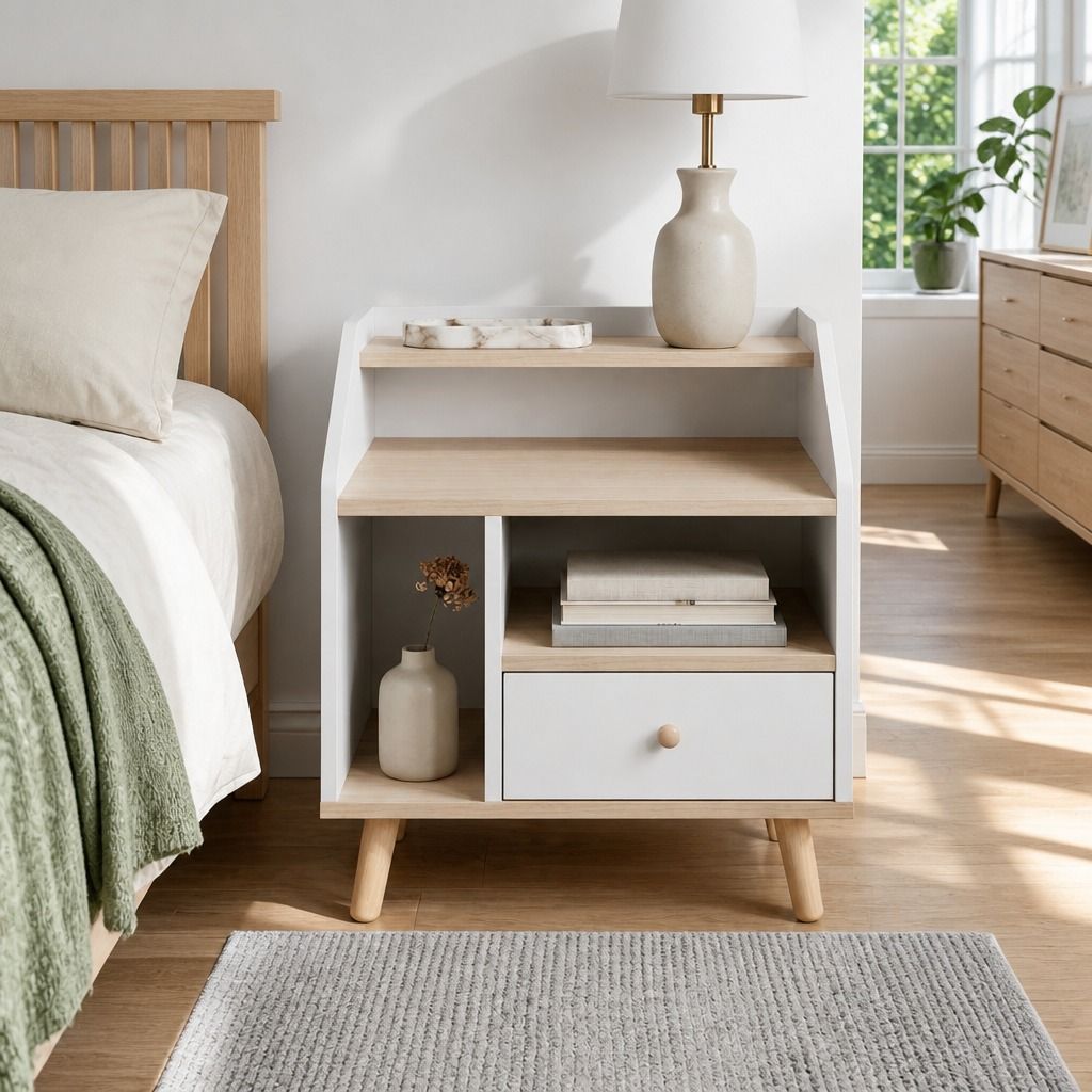 HYGGO Bedside Table Drawer Nightstand Wooden Legs Open Shelves Side Compartment White