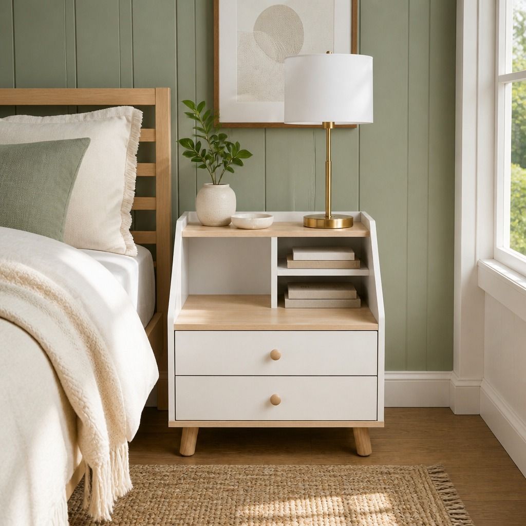 HYGGO Two-Tone Bedside Table Nightstand Drawer Storage Wooden Legs White Wood Design
