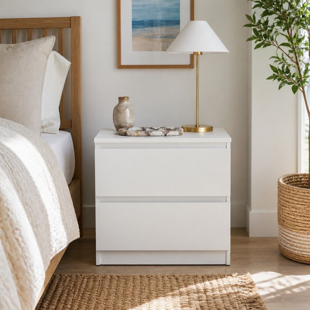 HYGGO Bedside Table Drawer Nightstand Warm White Double Drawer Finger Pull Modern