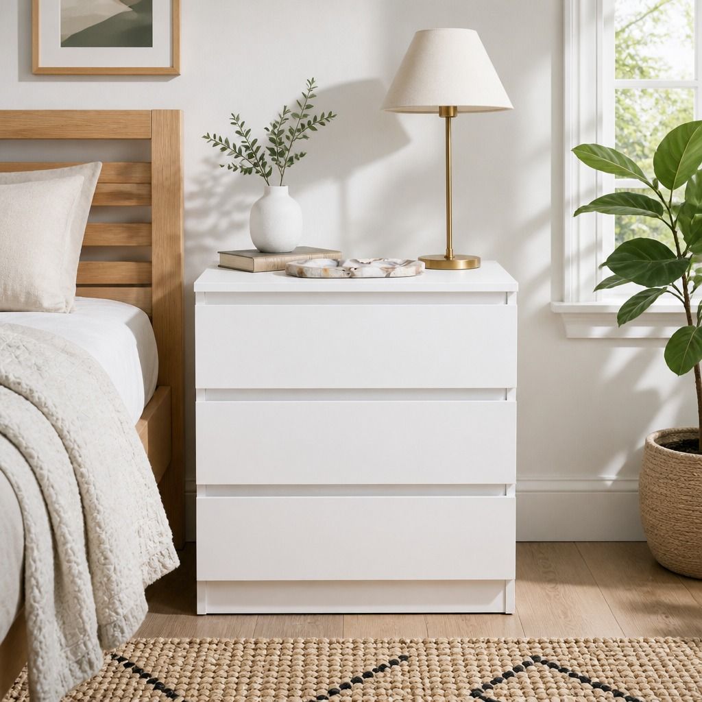 HYGGO Bedside Table Drawer Nightstand Warm White Triple Drawer Finger Pull Modern