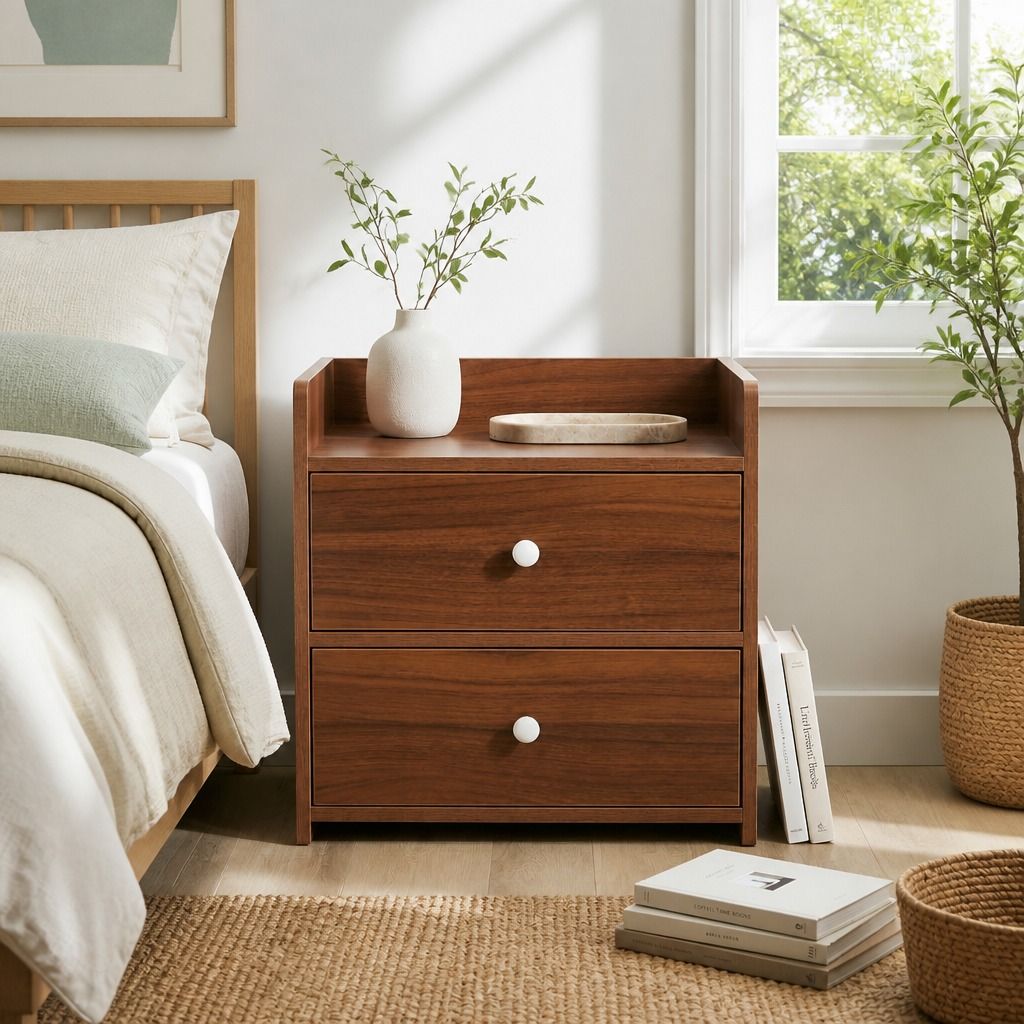 HYGGO Bedside Table Nightstand Walnut Wood Grain Double Drawer Tray Top White Handles