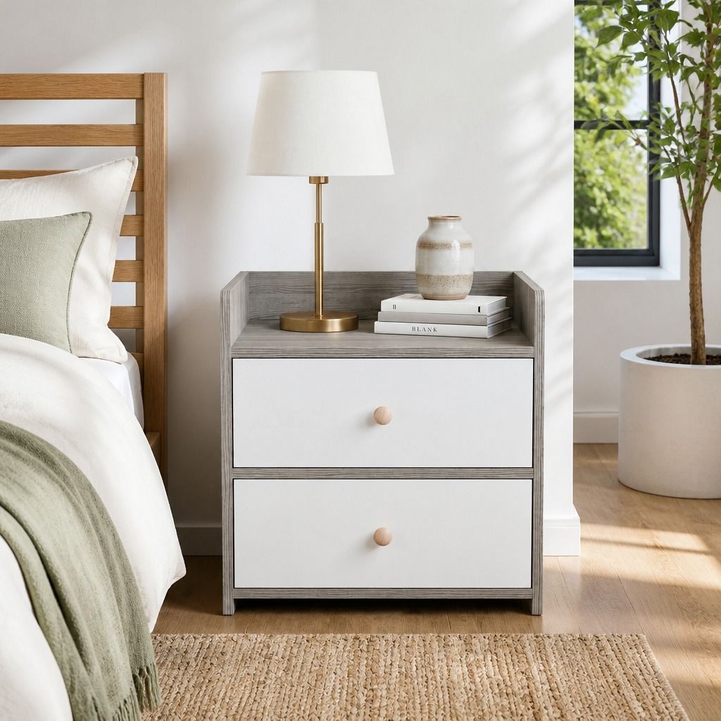 HYGGO Two-Tone Bedside Table Nightstand Light Gray White Drawers Wooden Knobs