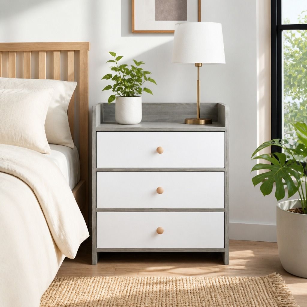 HYGGO Bedside Table Drawer Nightstand Light Gray Wood Grain 3 Drawers Wooden Knobs