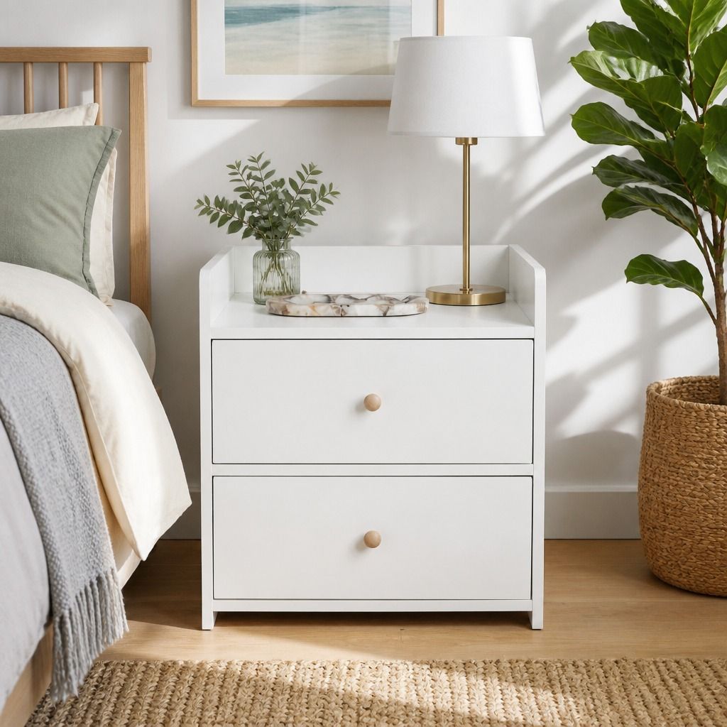 HYGGO White Minimalist Nightstand Double Drawer Bedside Table Wooden Handles Tray