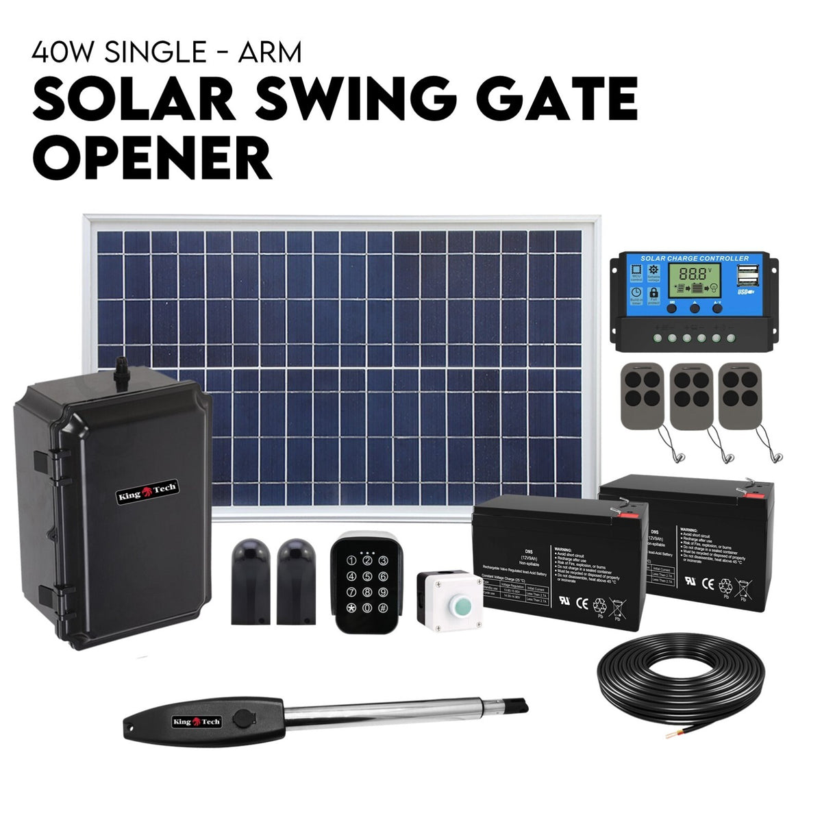 40W Full Solar Powered Automatic Remote Single Swing Gate Opener Battery