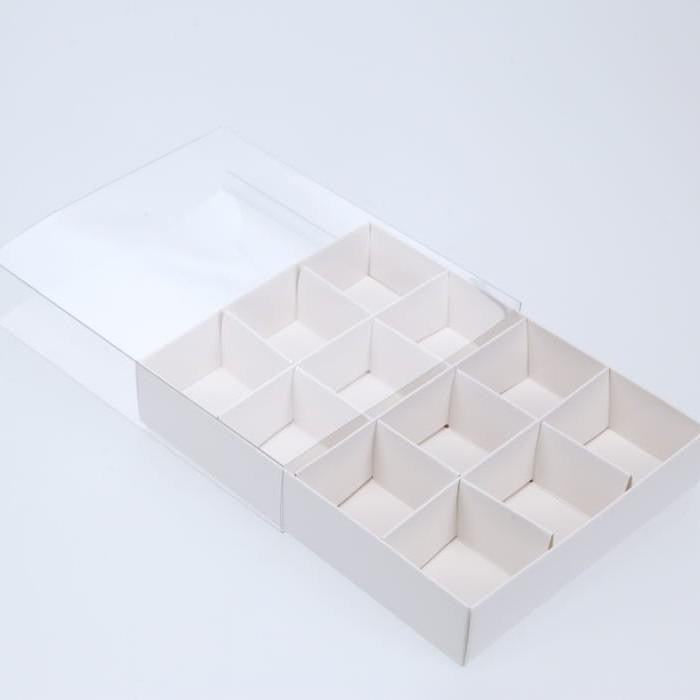 100 Pack of White Card Chocolate Sweet Soap Product Retail Gift Box - 12 bay 4x4x3cm Compartments  - Clear Slide On Lid 