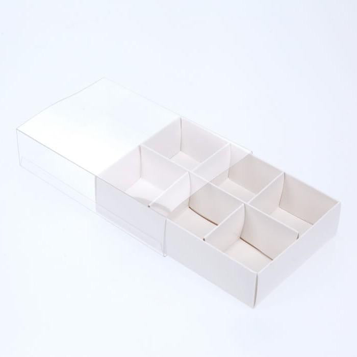100 Pack of White Card Chocolate Sweet Soap Product Reatail Gift Box - 6 Bay Compartments - Clear Slide On Lid - 12x8x3c