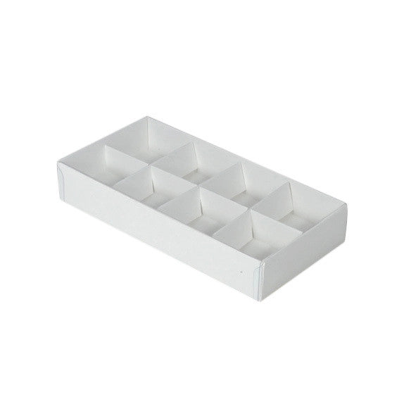 50 Pack of White Card Chocolate Sweet Soap Product Reatail Gift Box - 8 bay 3cm Compartments - Clear Slide On Lid - 16x8