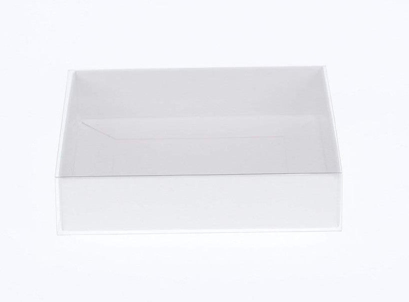 50 Pack of White Card Square Box - Clear Slide On Lid - 20 x 20 x 8cm -  Large Beauty Product Gift Giving Hamper Tray Me