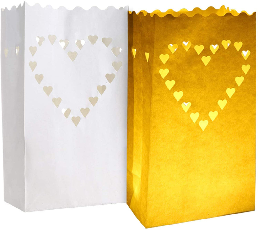 100 Pack White Heart Luminary Paper Candle Tea Light Lantern Bags Wedding Garden Anniversary Birthday Night Decorations 