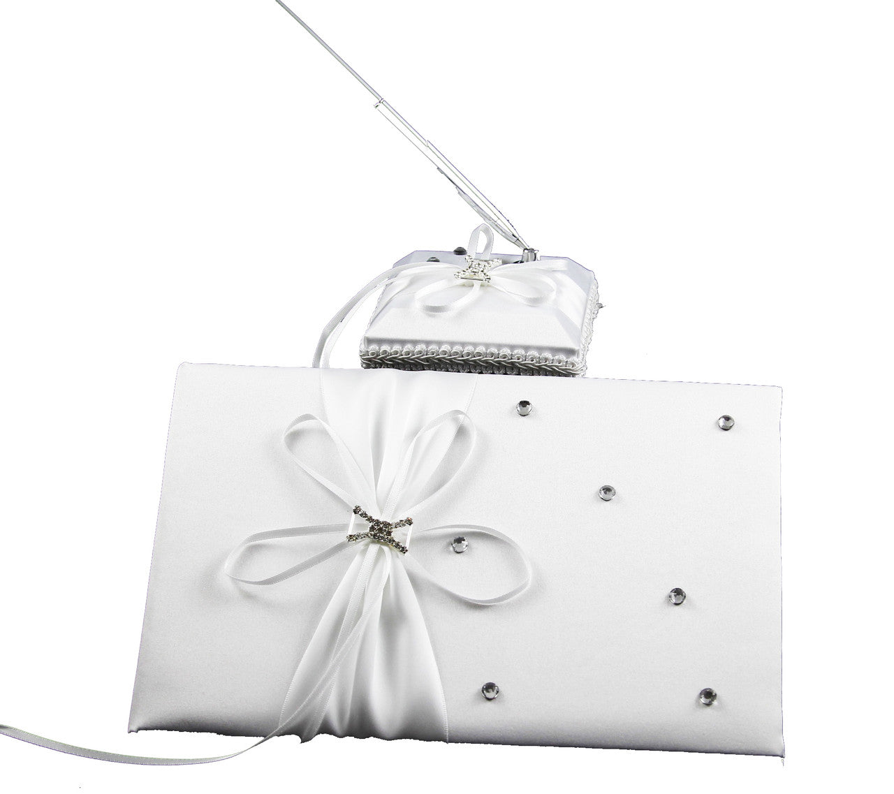 White Wedding Guest Book Register with Silver Pen Matching Stand Set 36 Lined Pages - White Ribbon and Diamante Bow Cove