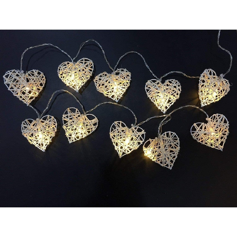 20 White 3D Hollowed Rattan Heart-Shaped 3M String Fairy Lights, Battery (AA) Indoor & Outdoor Decorations Wedding Valentines Romantic Room Table Lighting