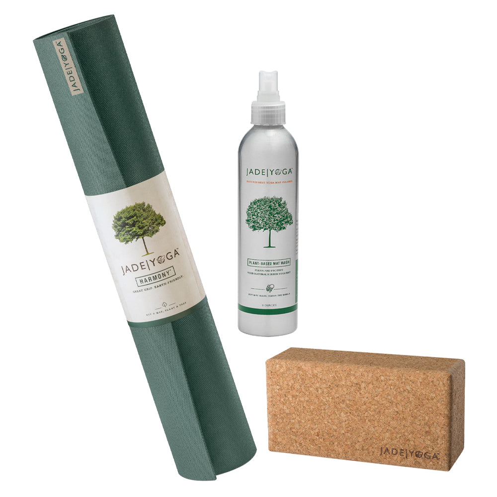 Jade Yoga Harmony Mat - Jade Green & Jade Yoga Cork Yoga Block - Small + Jade Yoga Plant Based Mat Wash - 8 oz Starter K
