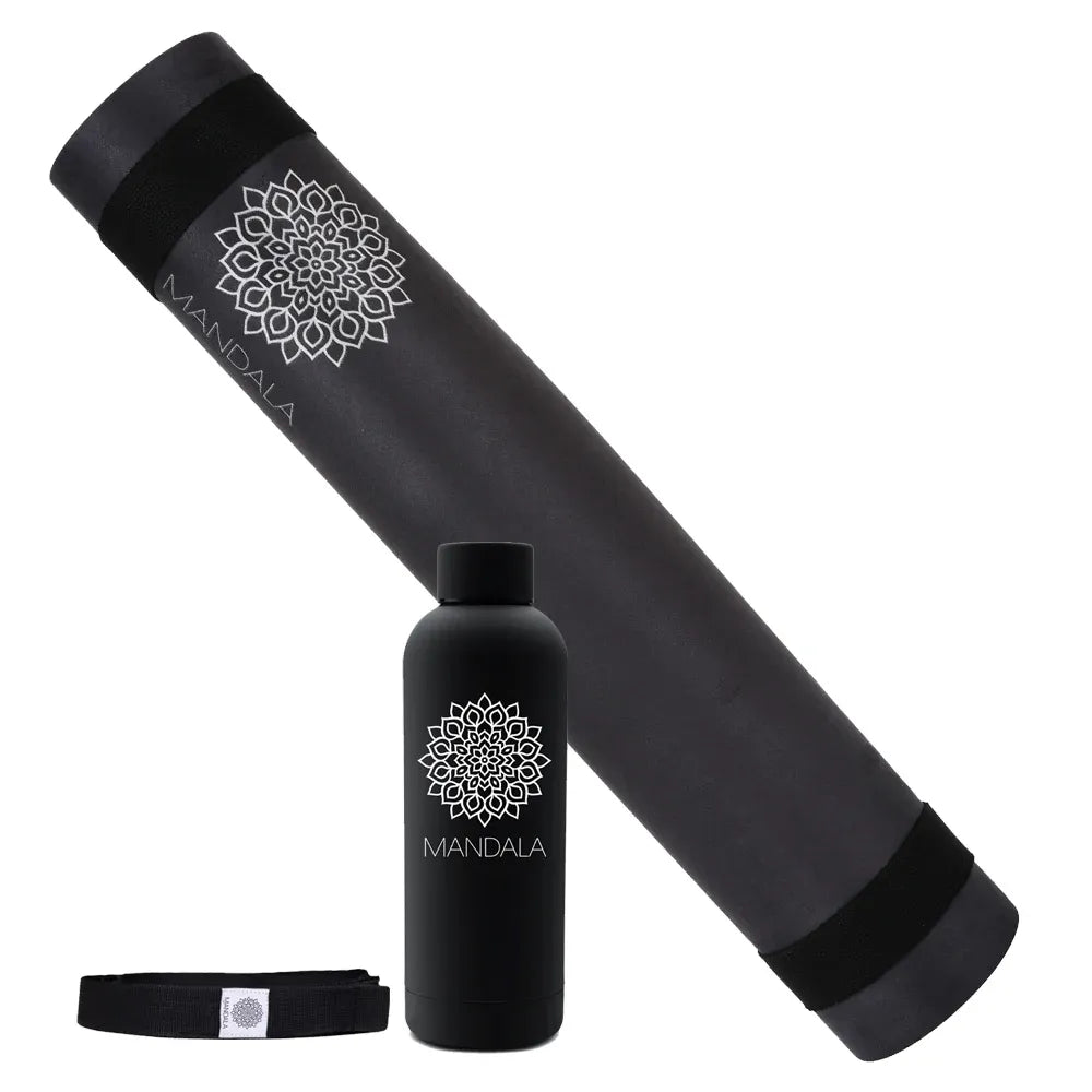 Mandala Yoga Mat Premium Bundle, Includes Yoga Mat 188cm H x 61cm W, Yoga Strap & Steel Hydration Bottle - Black