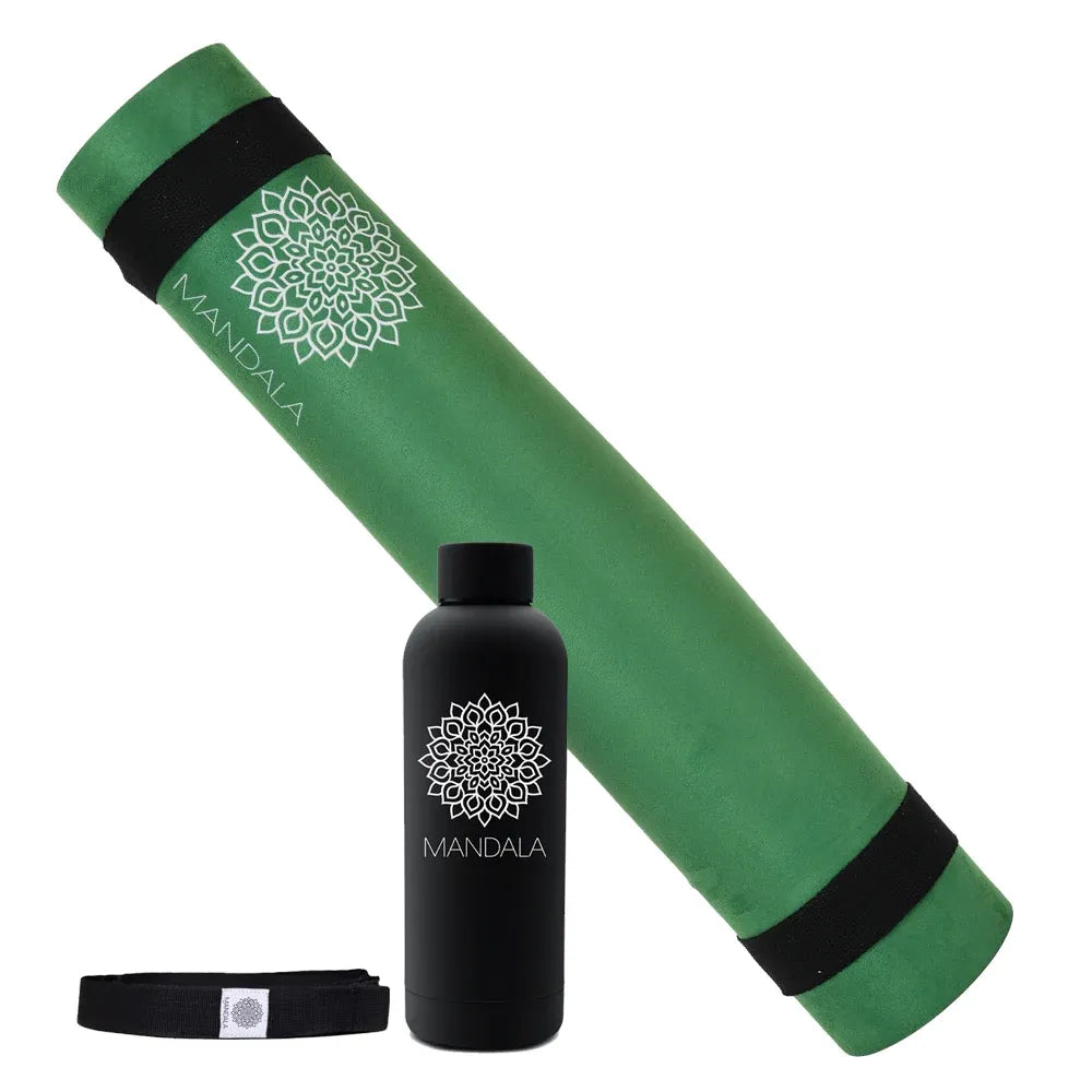 Mandala Yoga Mat Premium Bundle, Includes Yoga Mat 188cm H x 61cm W, Yoga Strap & Steel Hydration Bottle - Jade Green