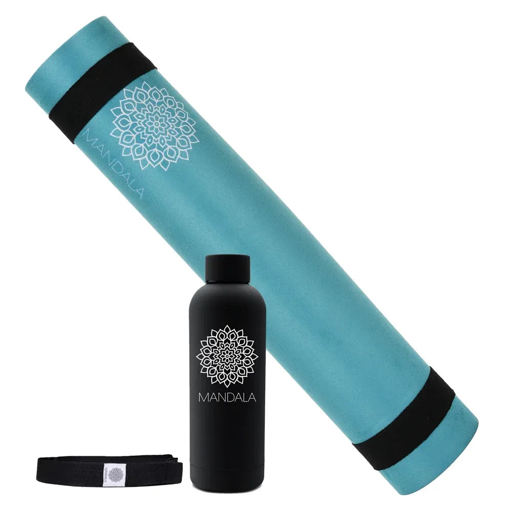 Mandala Yoga Mat Premium Bundle, Includes Yoga Mat 188cm H x 61cm W, Yoga Strap & Steel Hydration Bottle - Teal