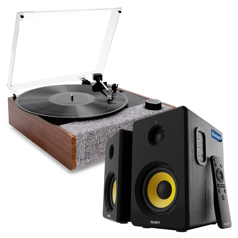 Victrola Eastwood II Turntable - Walnut + Bundled Majority D40X Bluetooth Speakers