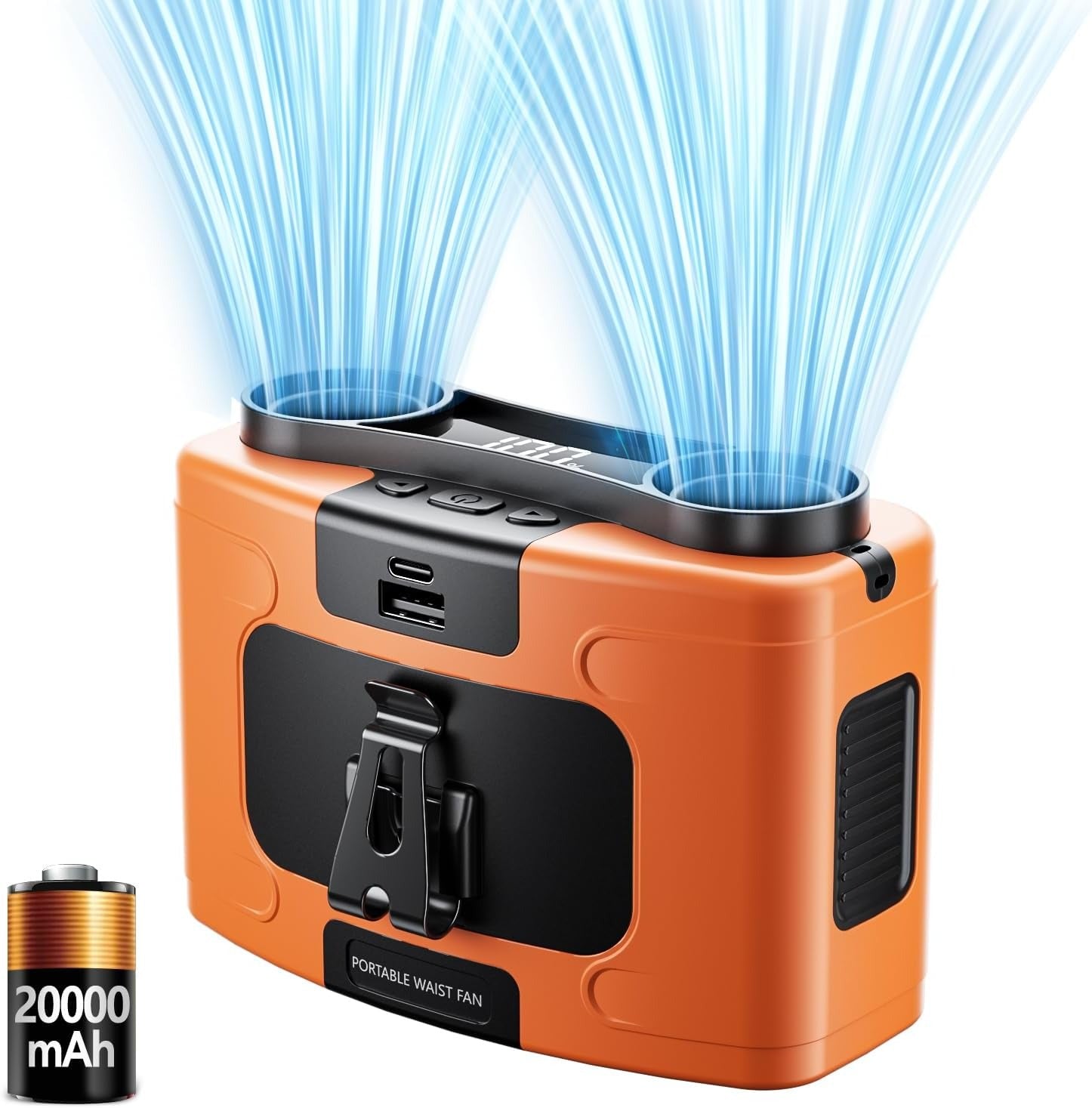 20000mAh Outdoor Portable Waist Fan Hanging Neck Fan Strong Wind with Power Bank LED Lighting for Sports Courier Outdoor