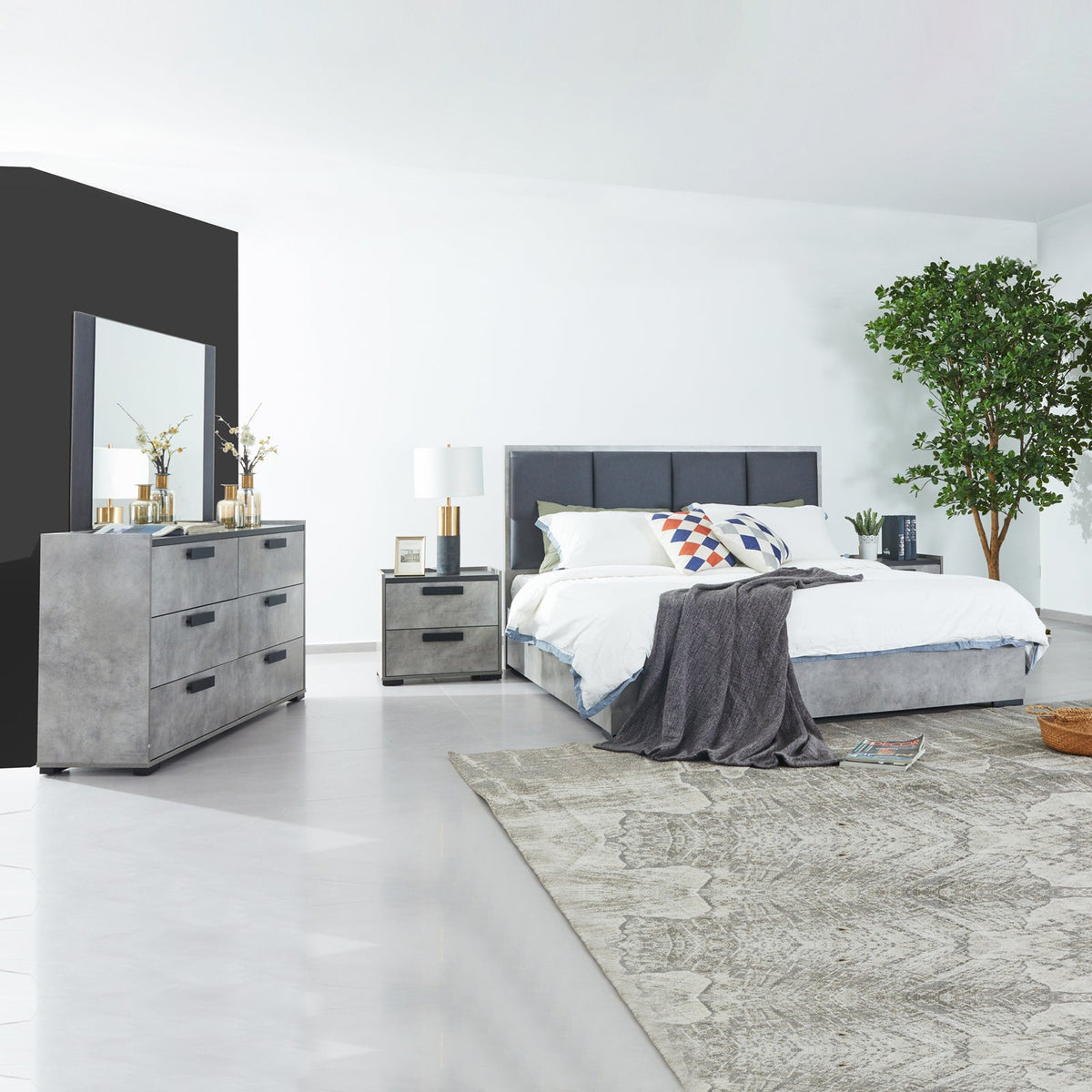 Queen 5 Pcs Bedroom Suite Fabric Upholstery MDF Combination of Black & Cement Colour