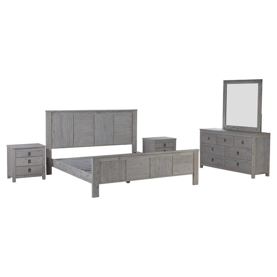 4 Pieces Bedroom Suite with Solid Acacia Wood Veneered Construction in Queen Size White Ash Colour Bed, Bedside Table & 