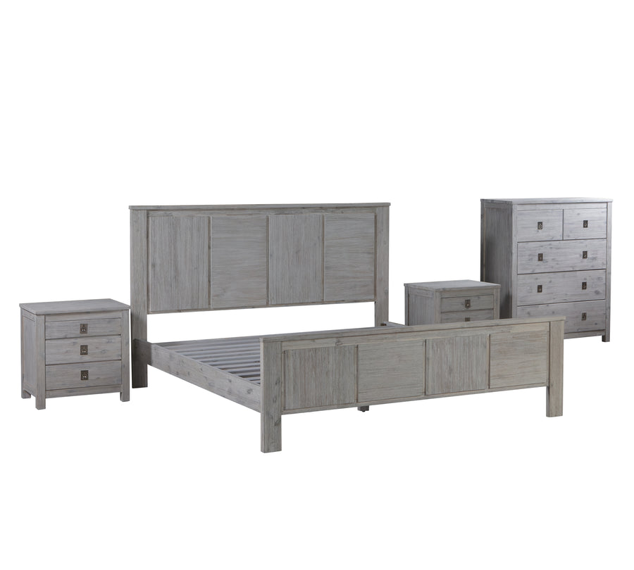 5 Pieces Bedroom Suite with Solid Acacia Wood Veneered Construction in King Size White Ash Colour Bed, Bedside Table , T