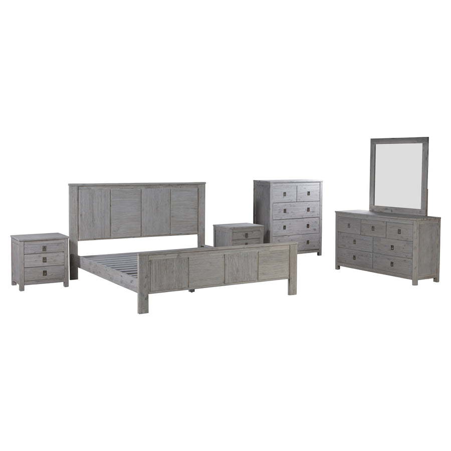 5 Pieces Bedroom Suite with Solid Acacia Wood Veneered Construction in Queen Size White Ash Colour Bed, Bedside Table , 