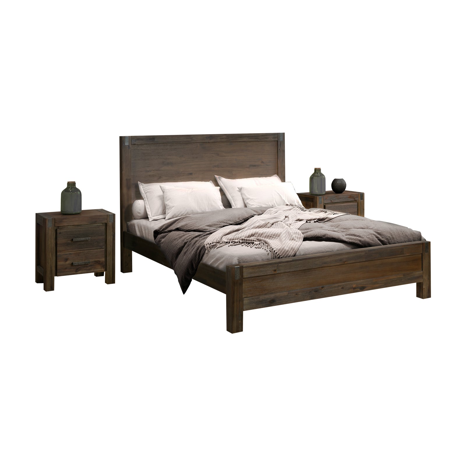 4 Pieces Bedroom Suite in Solid Wood Veneered Acacia Construction Timber Slat Queen Size Chocolate Colour Bed, Bedside T