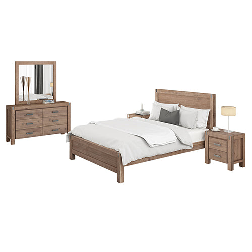 4 Pieces Bedroom Suite in Solid Wood Veneered Acacia Construction Timber Slat King Single Size Oak Colour Bed, Bedside T