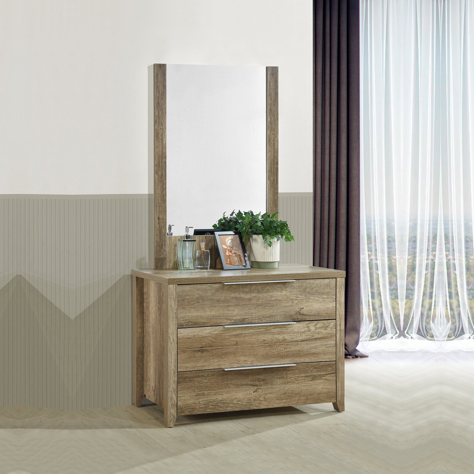Dresser with 3 Storage Drawers in Natural Wood like MDF in Oak Colour with Mirror