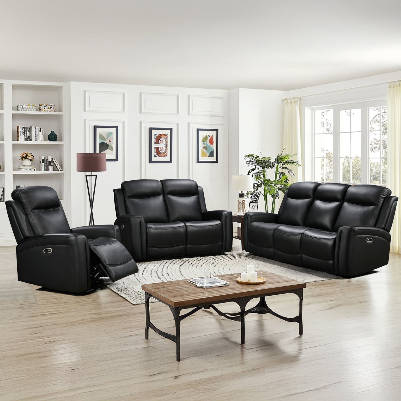3-2-1 Seater Electric Leather/PVC Black Recliner Set
