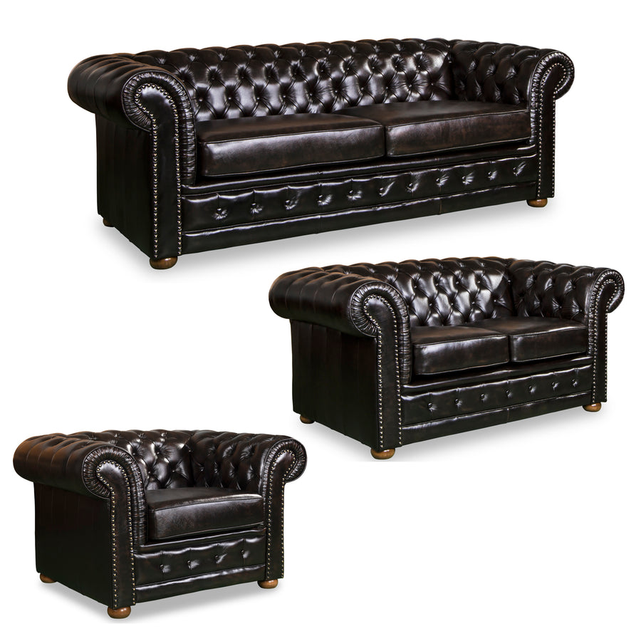 3+2+1 Seater Genuine Leather Upholstery Deep Quilting Pocket Spring Button Studding Sofa Lounge Set for Living Room Couc
