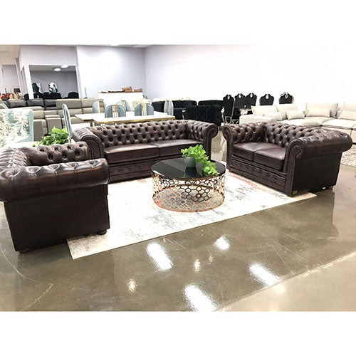 3+2+1 Seater Genuine Leather Upholstery Deep Quilting Pocket Spring Button Studding Sofa Lounge Set for Living Room Couc