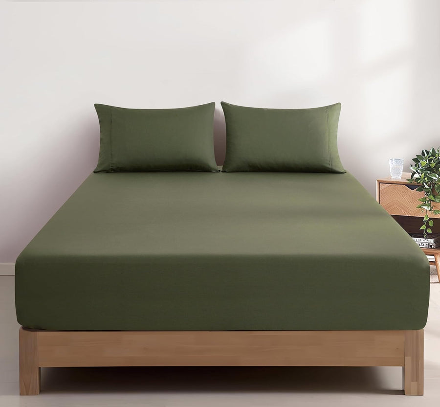 100% Vintage Washed Cotton Fitted Sheet Combo Set – 100% Natural Cotton, Ultra Soft & Breathable – Includes Fitted Sheet & Pillowcases – Machine Washable (Khaki Green, Single)